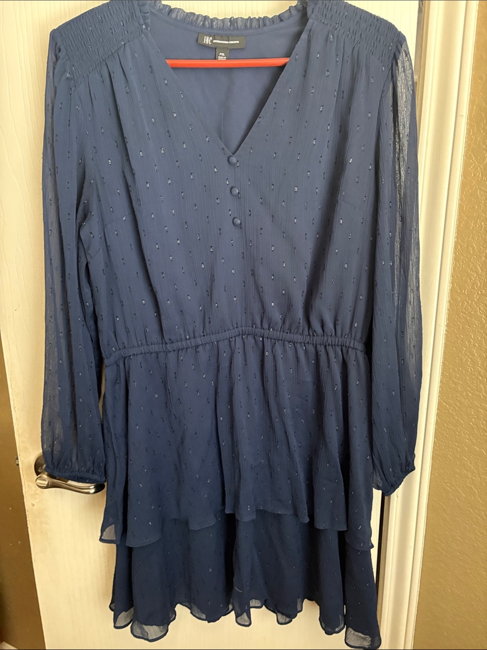 INC Dark Blue Long-Sleeve V-Neck Tiered Dress